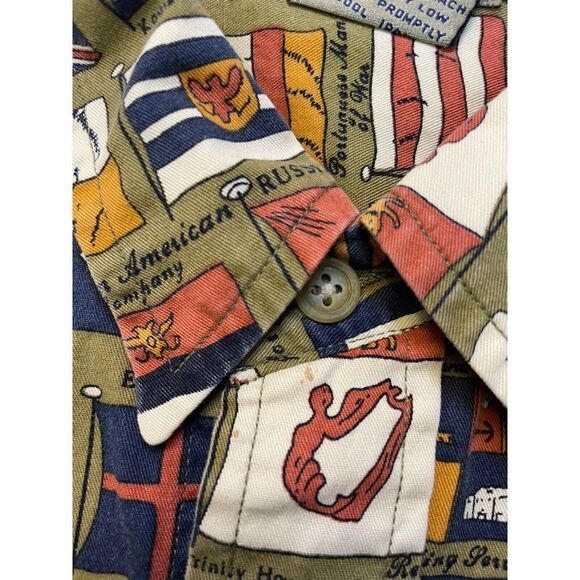 VINTAGE Calvin Klein All Over Flag Print Button Up Shirt Men XL Green 90s - Picture 3 of 6